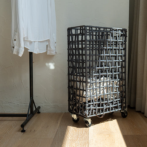 FOLDING ROUGH KNIT LAUNDRY BASKET with CASTER 40L/SLIM